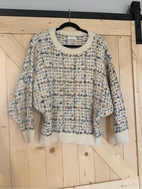 bohme Textured Crewneck Sweater in Cream, Blue & Tan